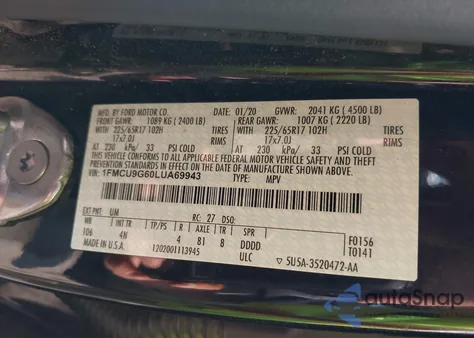 2020 Ford Escape Se из США, поврежденный, VIN 1FMCU9G60LUA69943